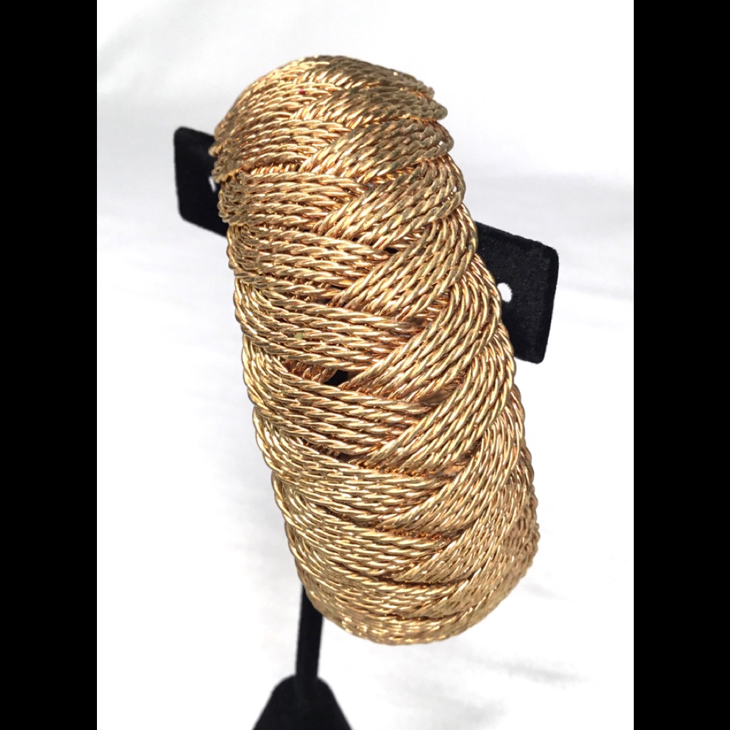 Bangle Bracelet Goldtone Heavy Metal Woven Braided String